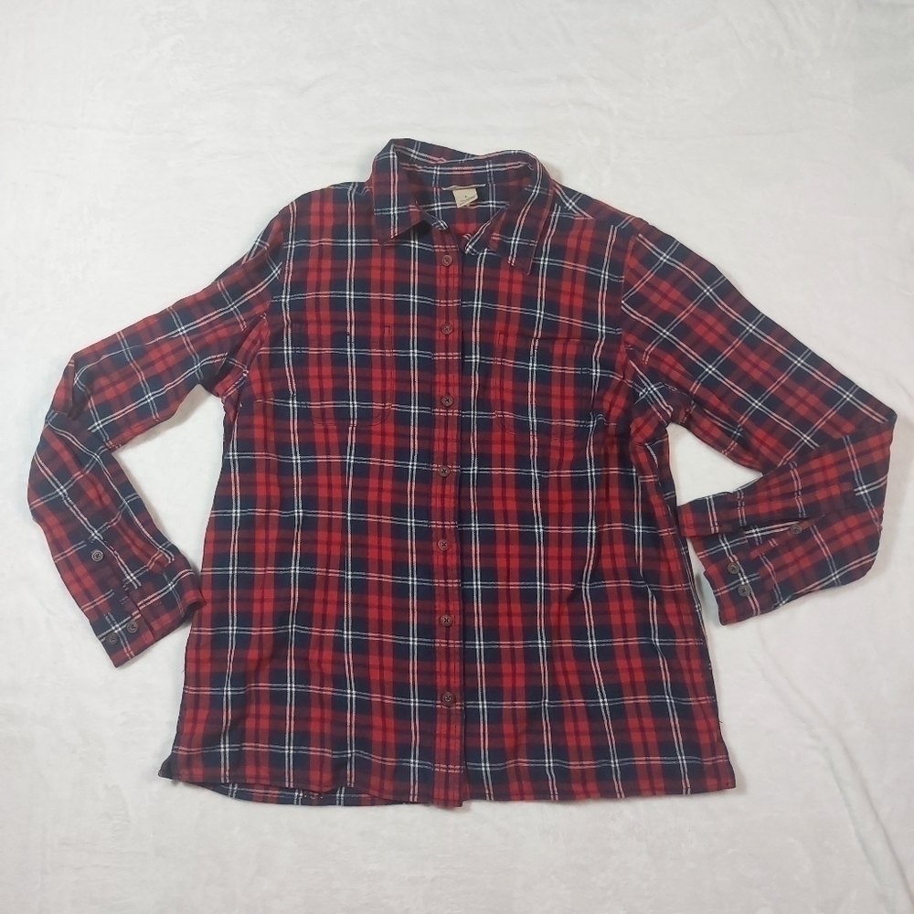Duluth Trading Co Womens Red Blue Plaid Flannel Button Front Shirt Size Large